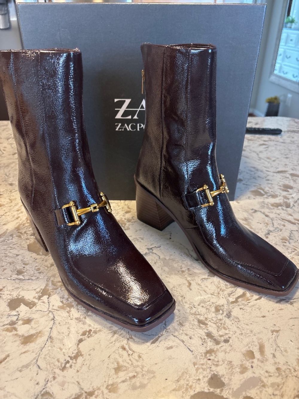 Zac Posen Neil Brown Glossy Patent Leather Boots Women’s 9